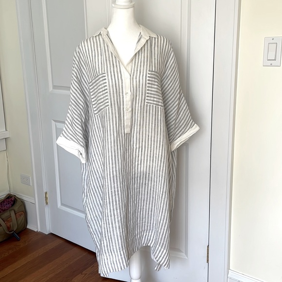 Dresses & Skirts - Italian-made linen shirt dress in white and grey vertical stripes. Size XL